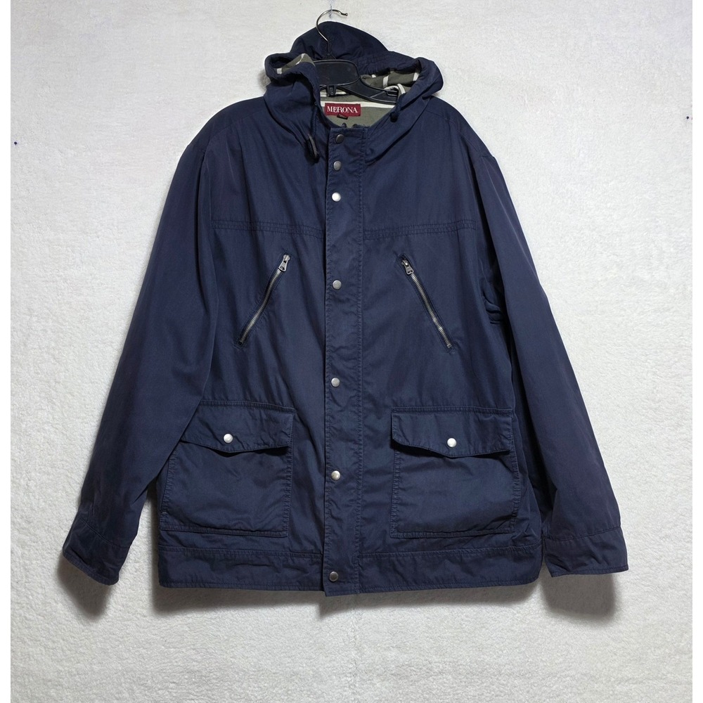 Merona Men's Navy Blue Hooded Utility Field Jacket Multi Pocket Size XL